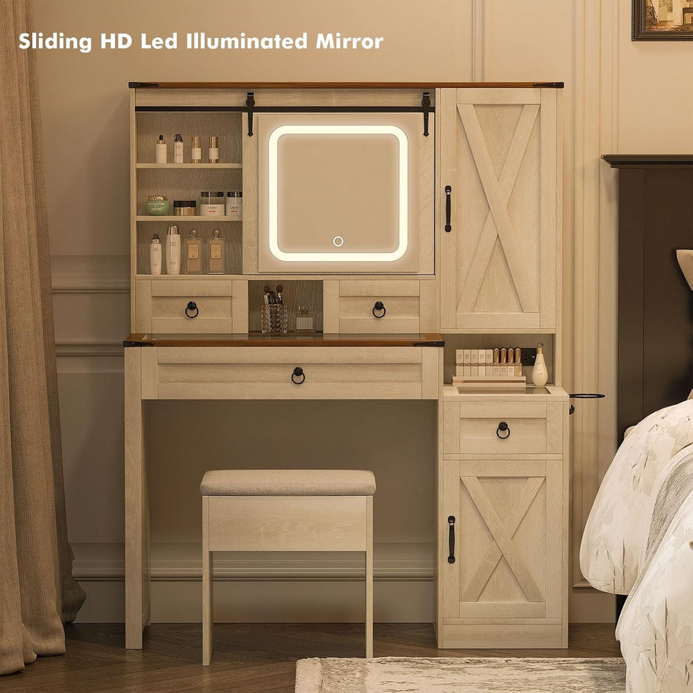 Farmhouse Makeup Vanity Desk with Sliding Mirror and Lights, 42 Wood Vanity T...