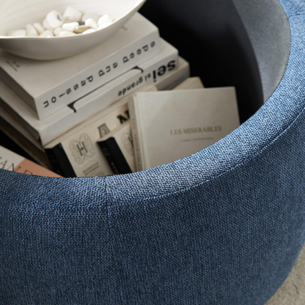 Round Storage Ottoman, 2 in 1 Function, Work as End Table and Ottoman, Navy (...