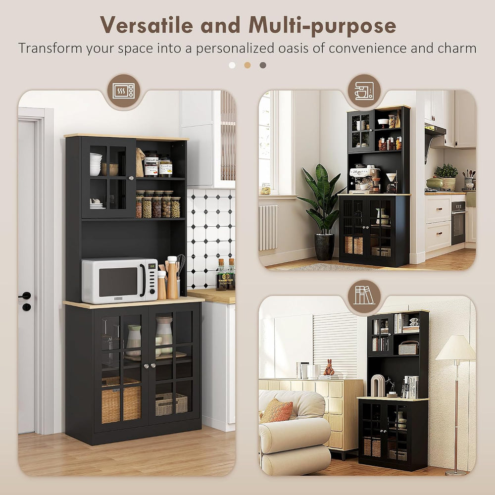 HOMCOM Kitchen Pantry Storage Cabinet 72" with Hutch, Black | Large Coun...
