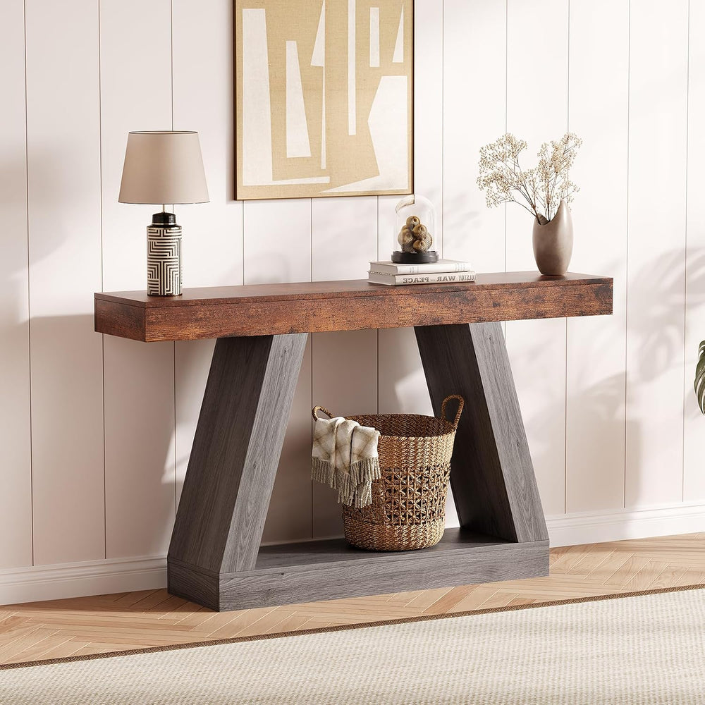 55in Farmhouse Console Table - 2-Tier Wooden Trapezium Sofa Table - Skinny En...