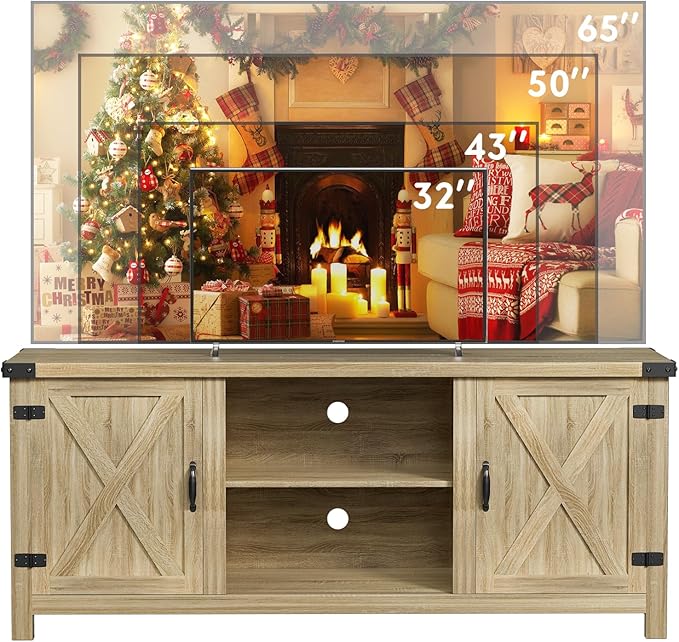 YESHOMY Modern Farmhouse TV Stand with Two Barn Doors and Storage Cabinets for Televisions up to 65+ Inch, Entertainment Center Console Table, Media Furniture for Living Room, 58 Inch, White Oak