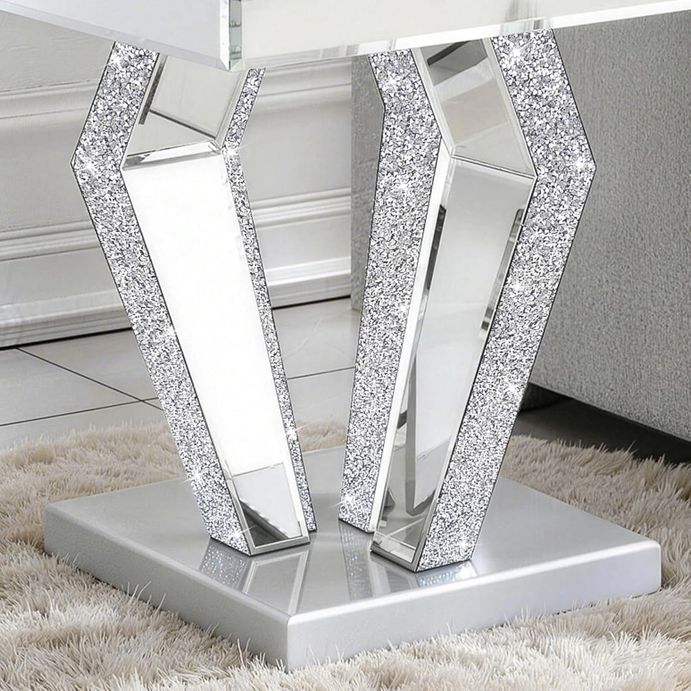 Silver Mirrored End Table with Crystal Inlay, Modern Side Table Accent Table,...