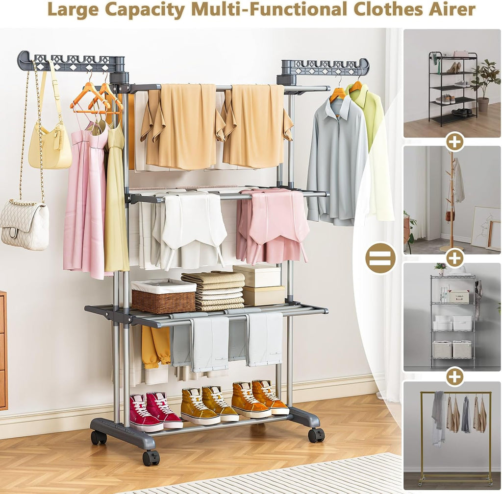 PurKeep 𝟔𝟓% 𝐎𝐅𝐅 Clothes Drying Rack with Wheels, 4 Tier Folding Drying Rack, Heavy Duty Laundry Drying Rack with Expandable Side Wings, Indoor Outdoor Clothes Air Drying Rack for Large Family