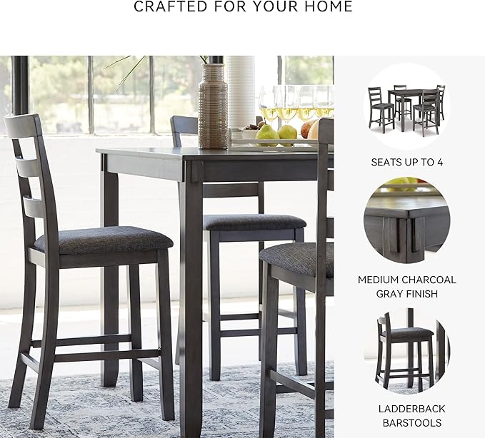Signature Design by Ashley Bridson 5 Piece Dining Room Set, Includes Table & 4 Ladderback Barstools, Wood, Gray