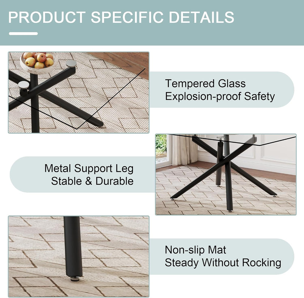 Glass Dining Table Set for 6, 63“ Dining Room Table Set,Rectangle Tempered Gl...