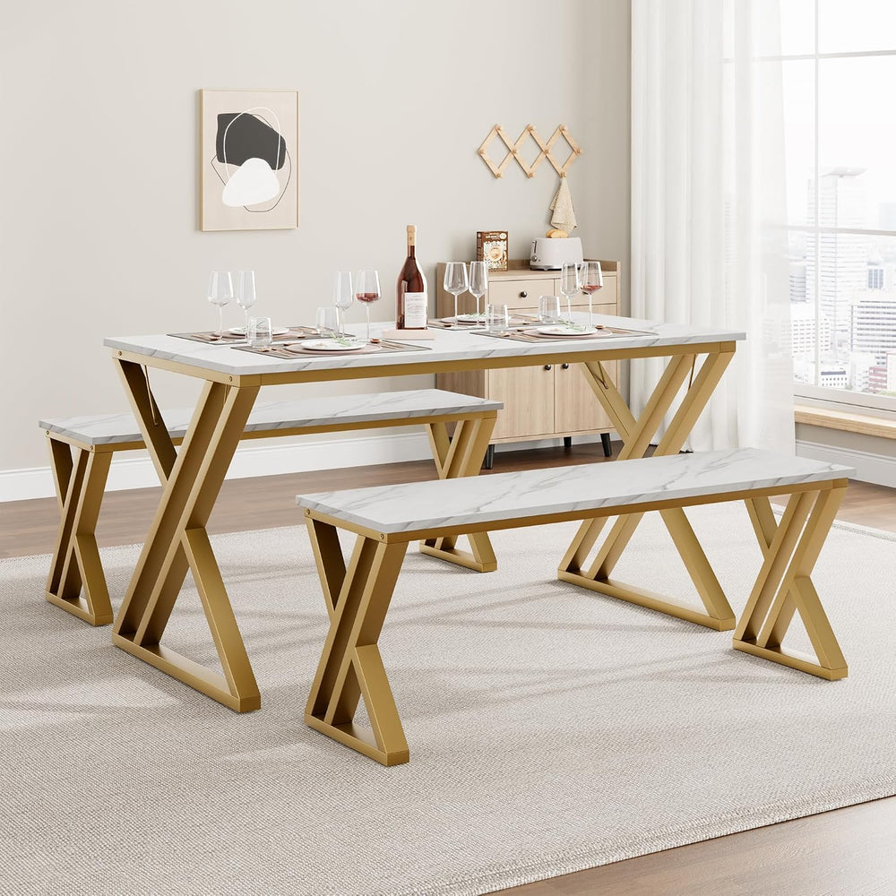 GAOMON Dining Table Bench Set for 4, Kitchen Table Set With 2 Benches, Rectan...