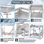 2 Shelf Rolling Cart with Wheels, 660lbs Capacity Collapsible Steel Rolling Utility Cart, Heavy-Duty Foldable Workbench, Metal Rolling Storage Cart with Handle for Groceries, Warehouse (36" Lx26 W)