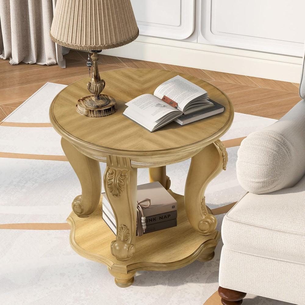KEIKI Solid Rubber Wood Round Side End Table with Storage Shelf, Traditional ...