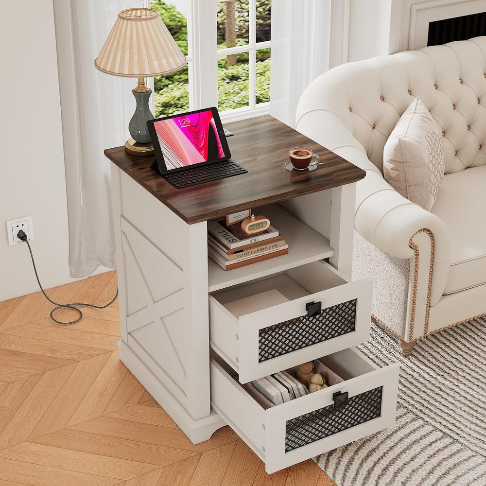 Farmhouse End Table with Charging Station, Nightstand with 2 Drawers & Op...