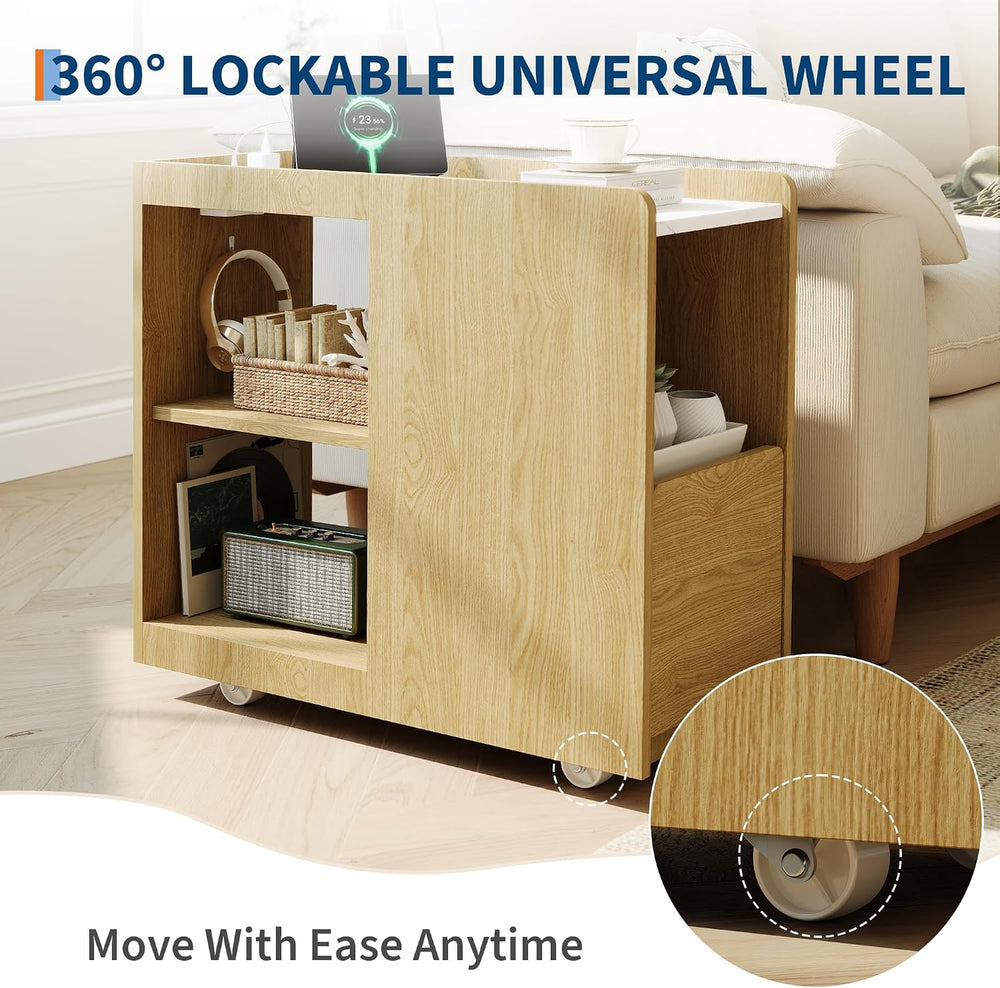 End Table with Charging Station, Mobile Side Table with Drawer, 3-Level Adjus...