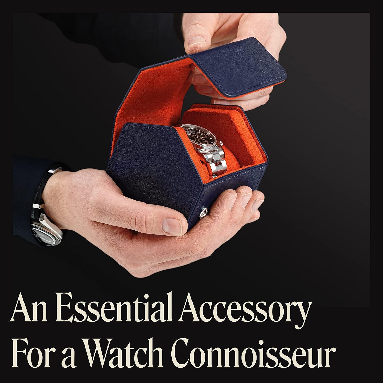 QWATCHBANDS Leather Watch Cases for Men - Hexagon Single & Double Watch Roll Travel Case - Genuine Napa Leather with Velvet Interior - Storage & Display Holder for 1 Watch or 2 Watches