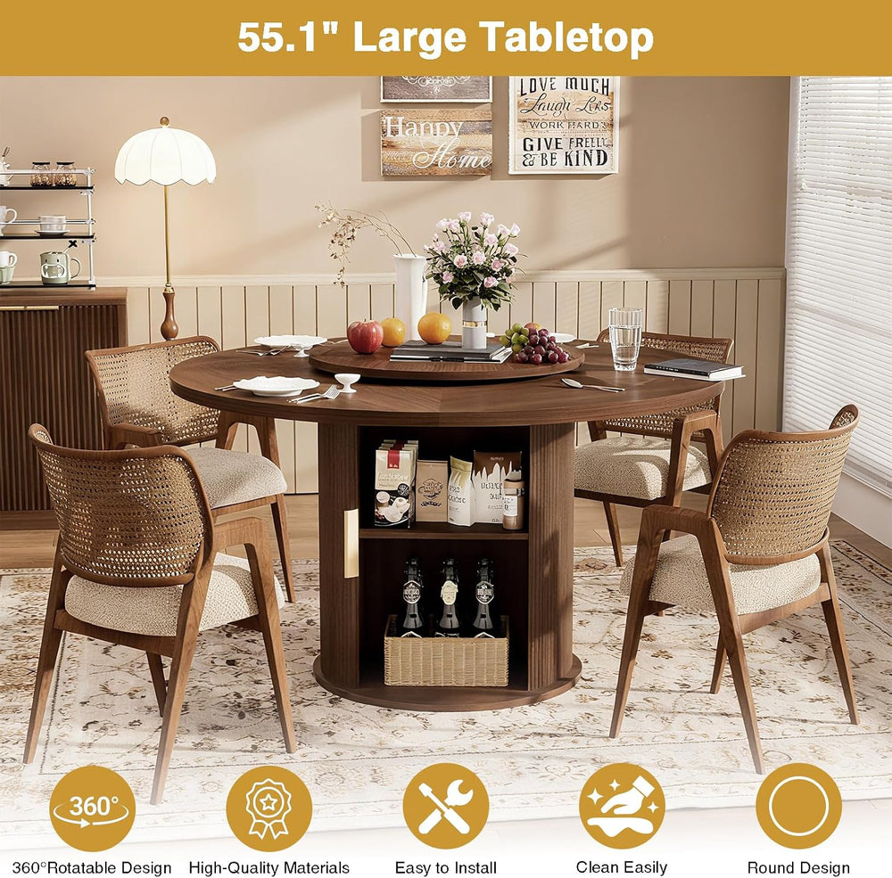 55" Round Dining Room Table with Lazy Susan, Mid-Century Modern Kitchen ...