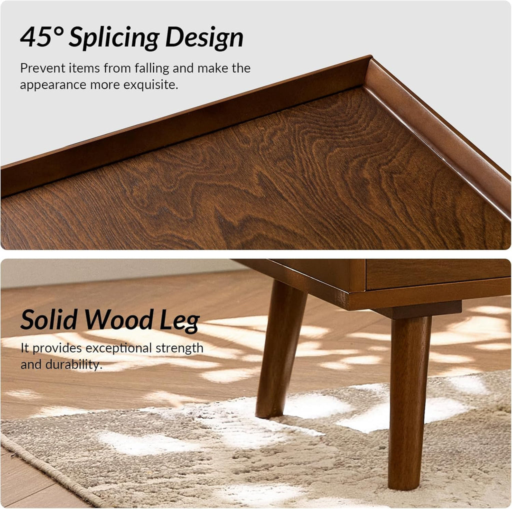 HULALA HOME 2 Drawer Nightstand with Charging Station, Mid-Century Modern Bedside Tables with Wood Legs, Wood Night Stand with Pull-Out Shelf Set of 2, Walnut