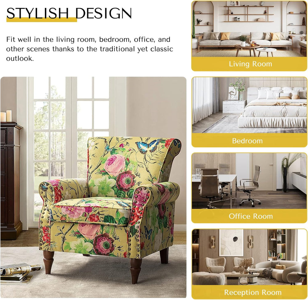 HULALA HOME Traditional Floral Accent Chair with Solid Wood Legs, Mustard | C...