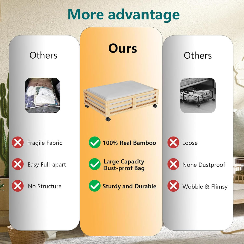 Wisuce Bamboo Under Bed Storage Containers- Underbed Organizer with Wheels with Large Dust Bag,Sturdy Wood Rolling Under the Bed Shoe Storage Organizer Drawer 2 Packs (Nature, Small)