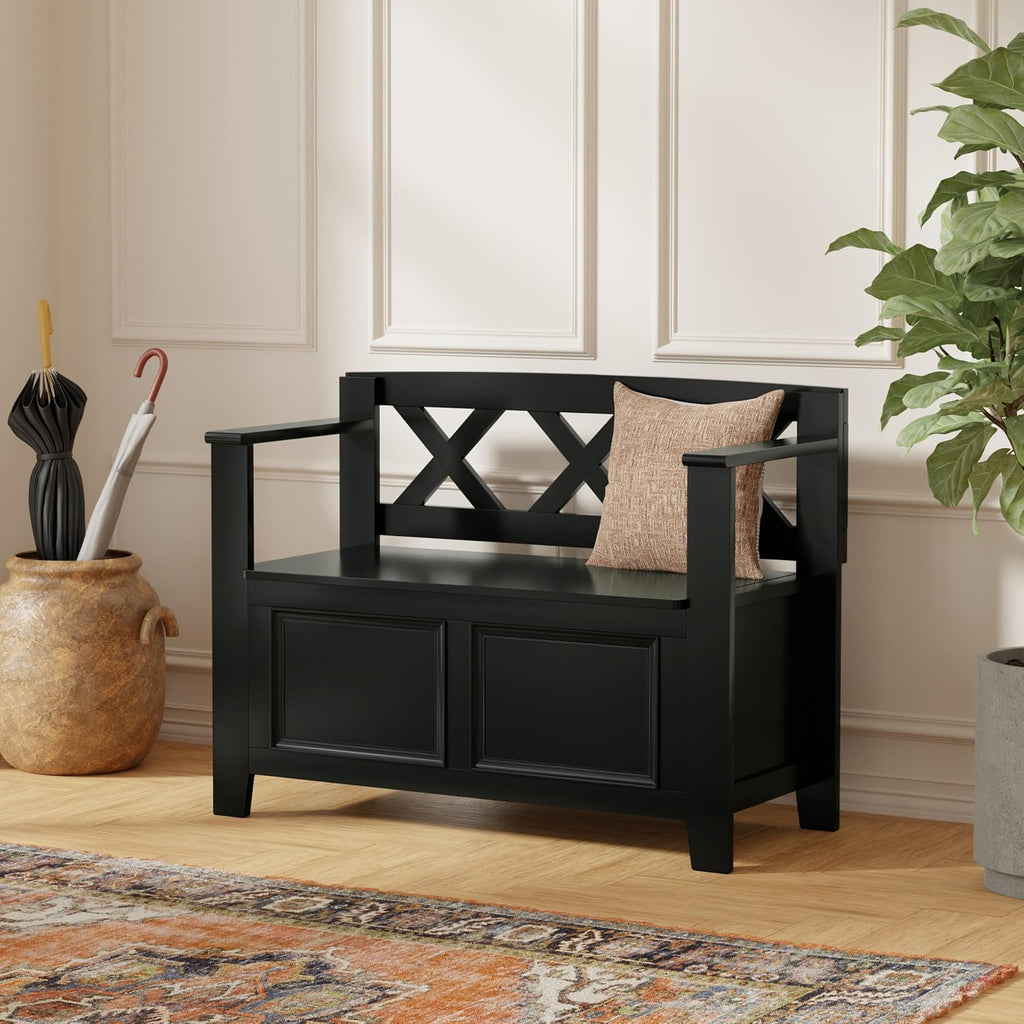 SIMPLIHOME Amherst 48" Wide Solid Wood Storage Bench in Coastal Blue | Transitional entryway bench with lift-up lid and hidden storage; perfect for mudrooms, hallways, or as a shoe bench.