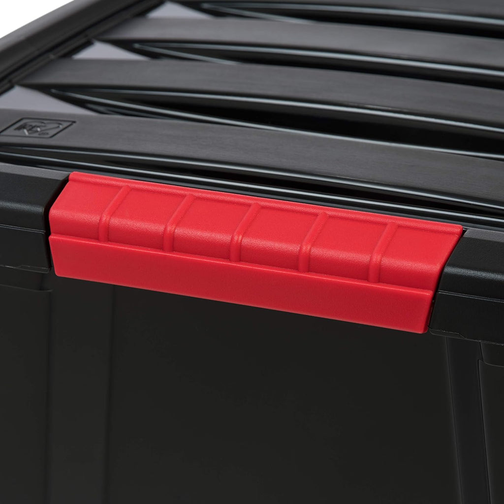 IRIS USA 30 L (32 QT) Plastic Storage Box with Lid and Latches - 4 Pack - BPA-Free, Garage Organizing Solution, Durable Nestable Stackable Containers, Secure Pull Handle - Black