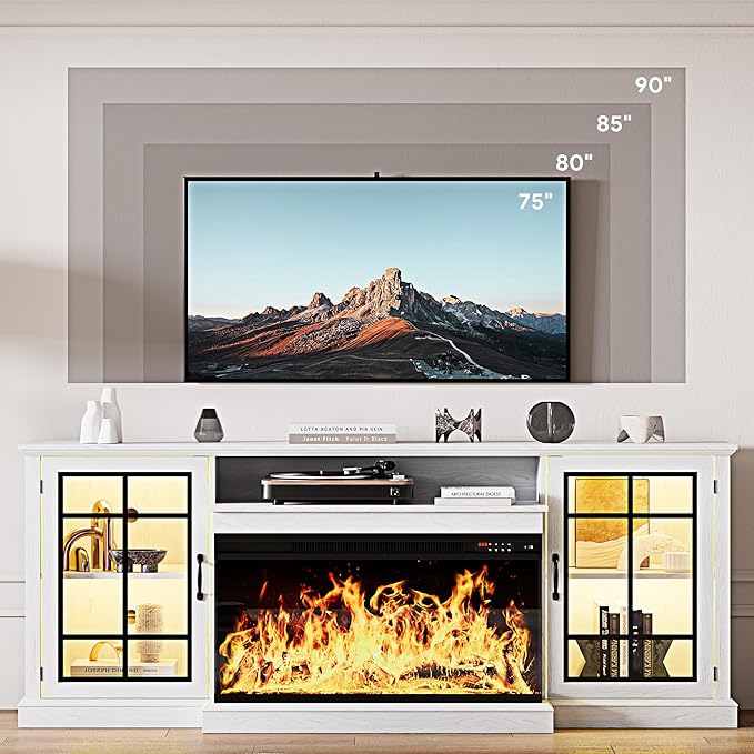 MXV 80'' Fireplace TV Stand, Farmhouse Entertainment Center with 3 Sided Glass TV Stand, Modern Media Console Table with Storage Drawers & Cabinets with LED Flame and Lights for Living Room, White