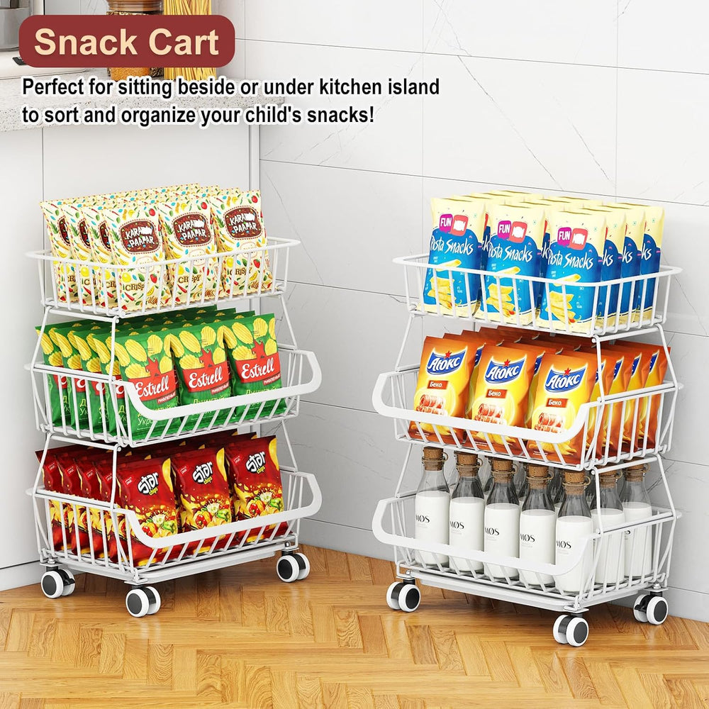 3-Tier Rolling Pantry Cart with Wheels, Stackable Wire Storage Floor Organize...