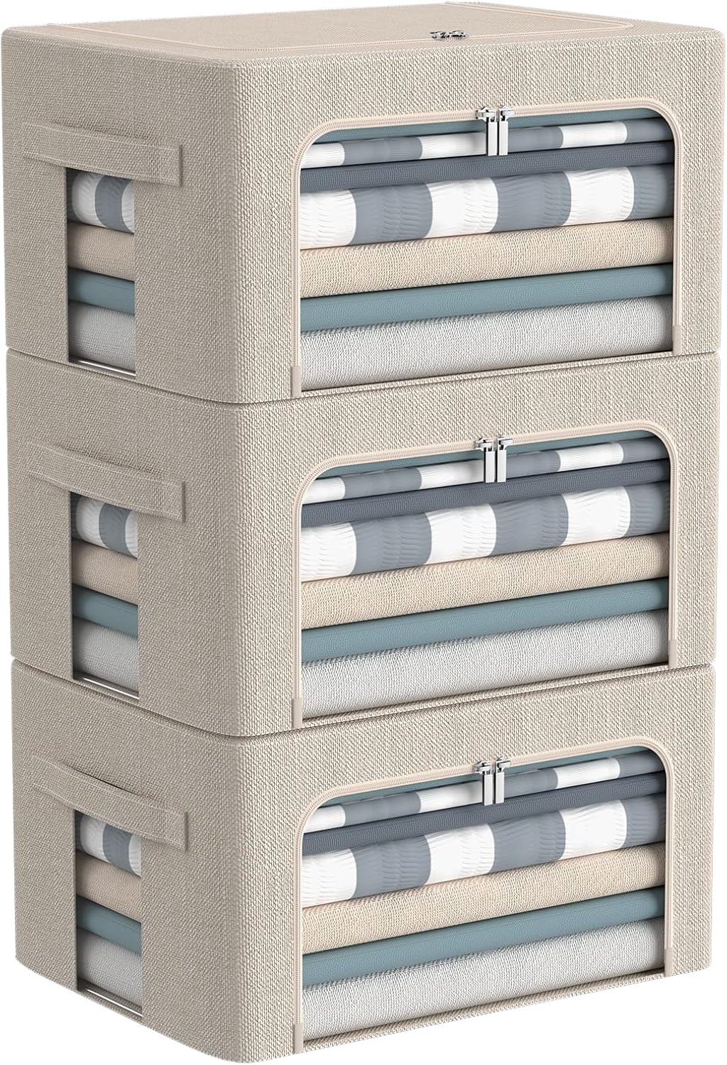 CYhom 3Pack Foldable Storage Bins - Frame Storage Box Linen Fabric Stackable Clothes Container Organizer with Clear Window & Carry Handles Large Capacity (Small-22L, Beige)