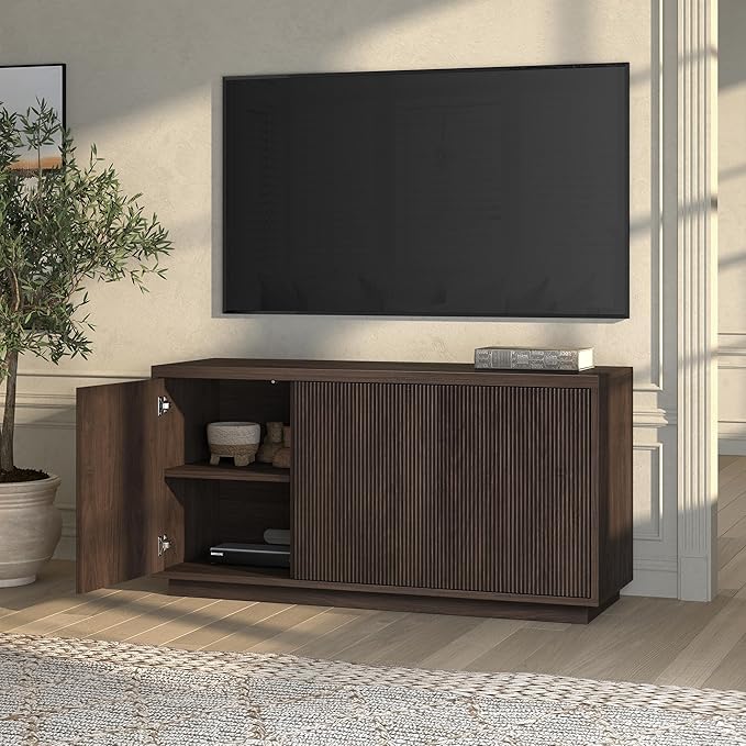 Henn&Hart Fluted TV Stand for TVs up to 55" with 3 Swing Out Ribbed Doors and Adjustable Shelves for Living Room, Family Room, or Office, Warm Brown
