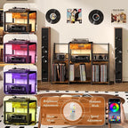 Large Record Player Stand Vintage Record Stand-Large Vintage Record Player Table with Power Outlet and LED Light,Record Storage Rack with Vinyl Display Shelf for Up to 300 Albums