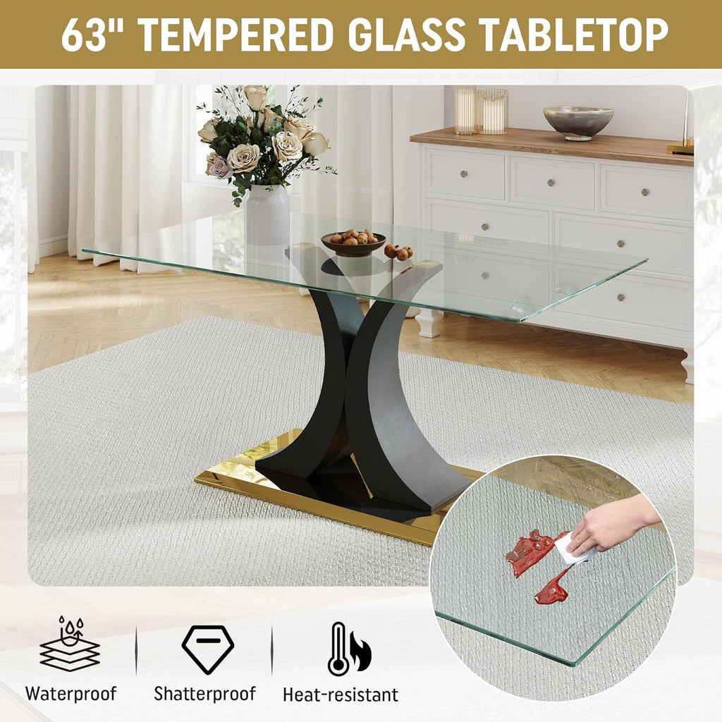 Modern Luxury Glass Dining Table for 4-6, 63'' Clear Tempered Glass Top Dinette Table, Minimalism Large Apartment Rectangle Kitchen Table with Black MDF & Gold Stainless Steel Base