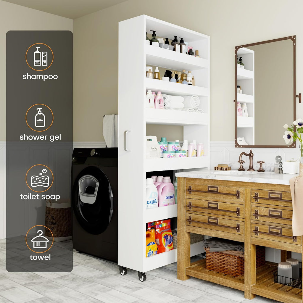 Slim Storage Cart, Lightweight 6 Tier Metal Rolling Utility Kitchen Cart on Wheels, Mobile Storage Shelving Unit Organizer for Bathroom Laundry Office Narrow Places (White, 10" D)