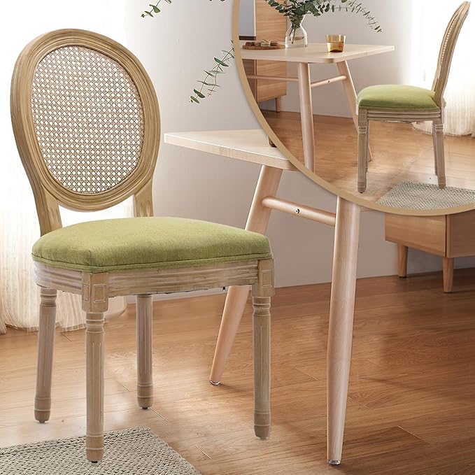 Rattan Back Upholstered Dining Chairs Set of 2 French Country Oval Kitchen Si...
