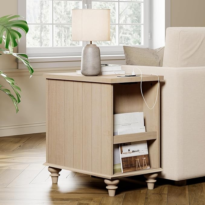 WAMPAT Beige End Table with Charging Station, Wooden Side Table with Storage ...