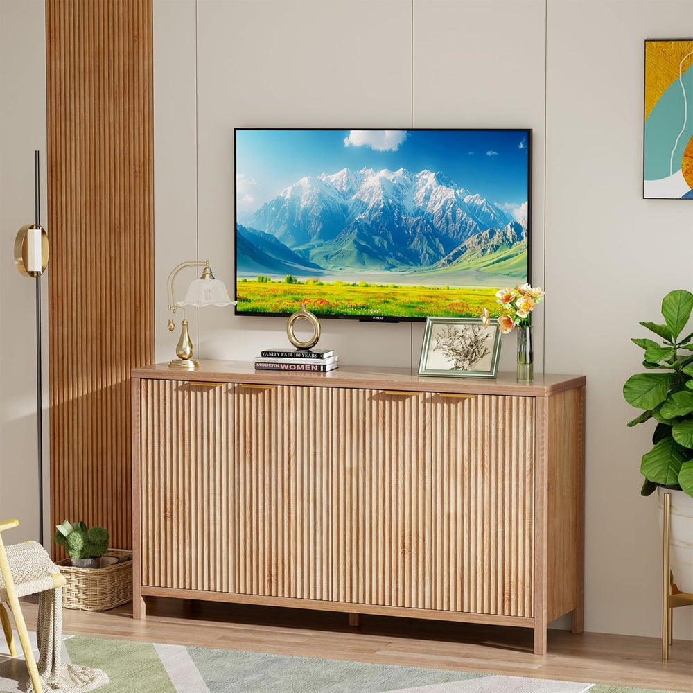Fluted Sideboard Buffet Cabinet, 55" Large Storage Buffet Cabinet with 4...