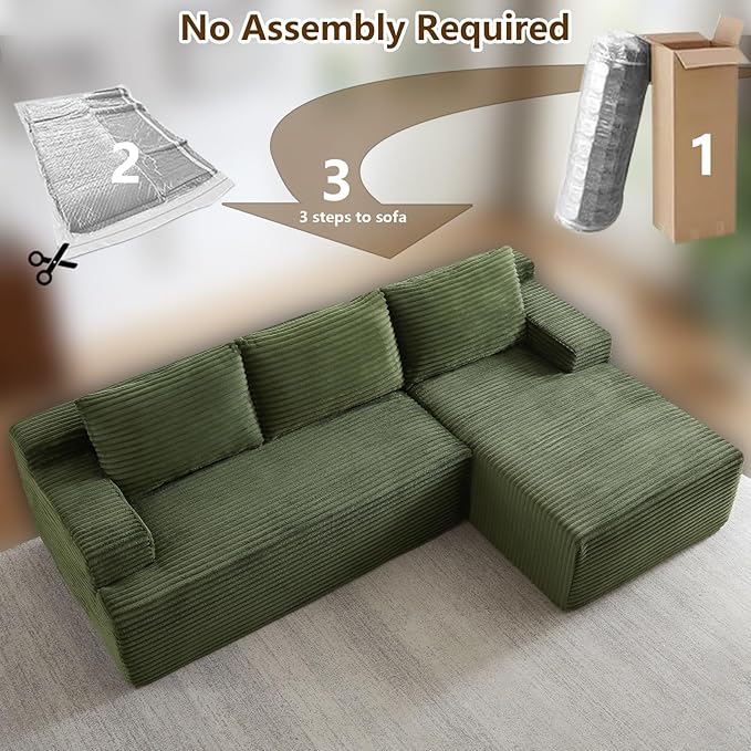 96.1" Modular Sectional Sofa Couches L-Shape Couch 3 Seat Modular Sofa Corduroy Memory Foam Sectional Boneless Couches for Living Room, Cloud Couch with Oversized Chaise(Green, Right Facing)