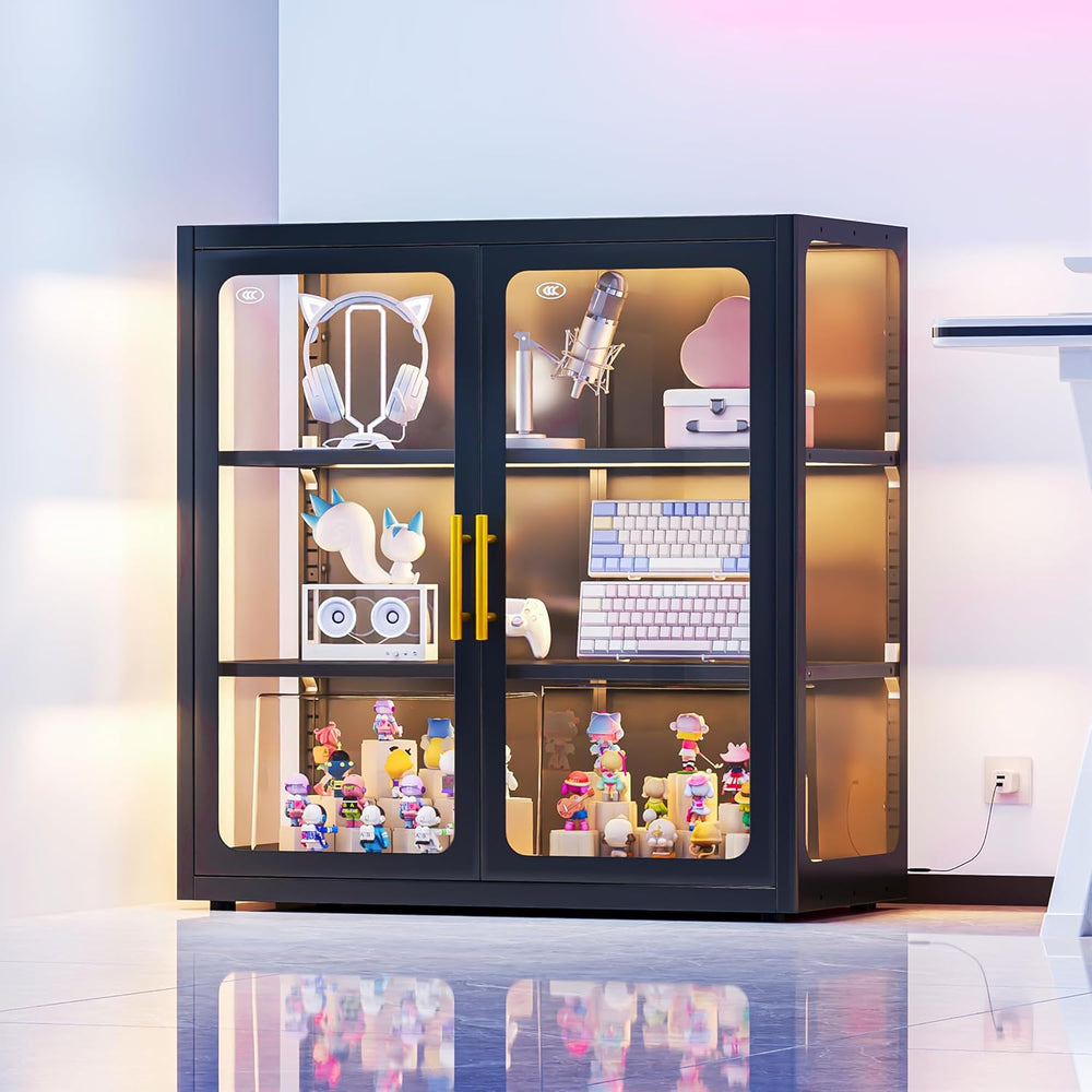 34" Display Cabinet with Glass Doors, 4-Tier Curio Cabinet with Many Col...