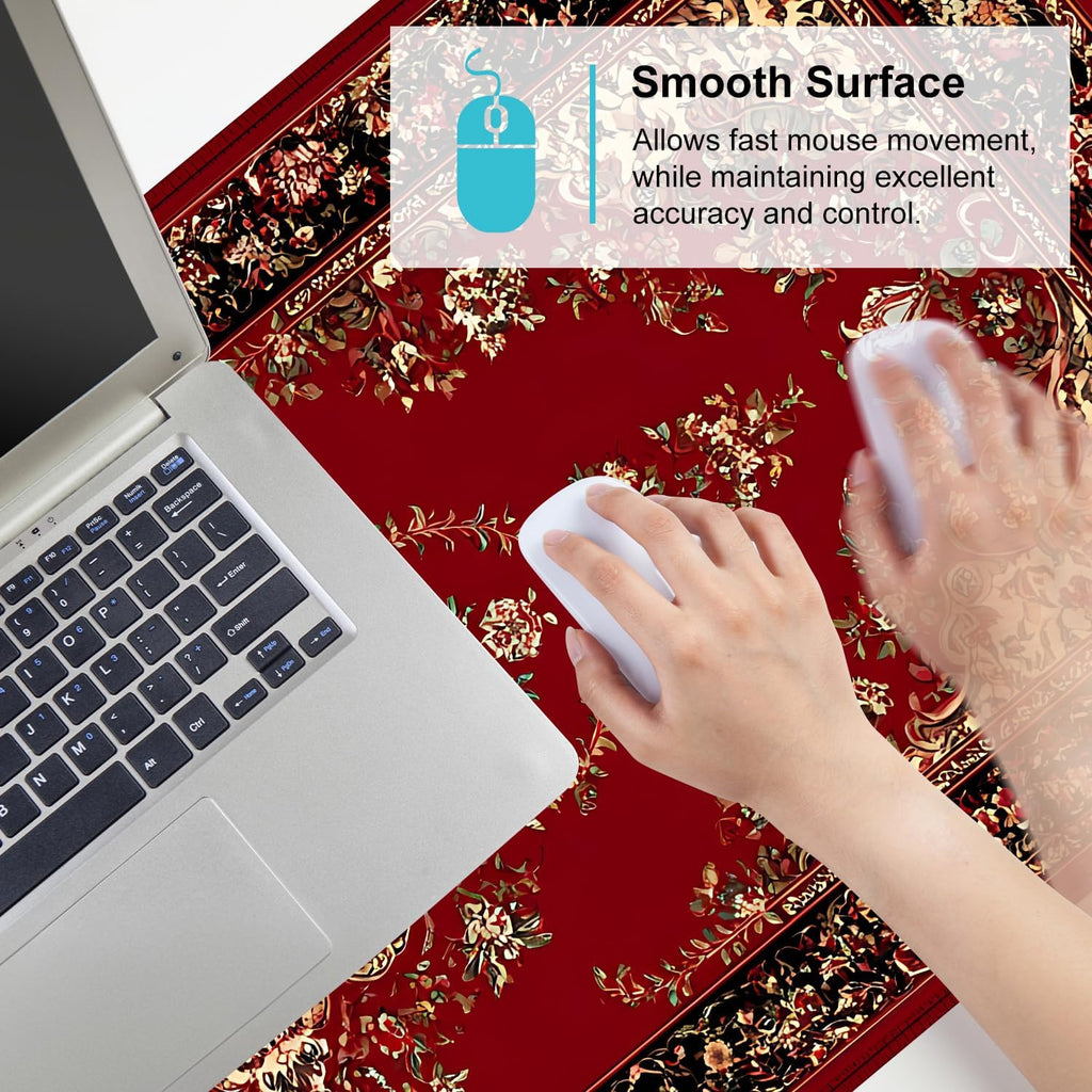 Red Vintage Persian Rug Mouse Pad – Large Extended Desk Mat 35.43 x 15.75 in – Oriental Carpet Design, Non-Slip Rubber Base, Waterproof Surface, Keyboard & Mouse Pad for Office, Gaming, Home