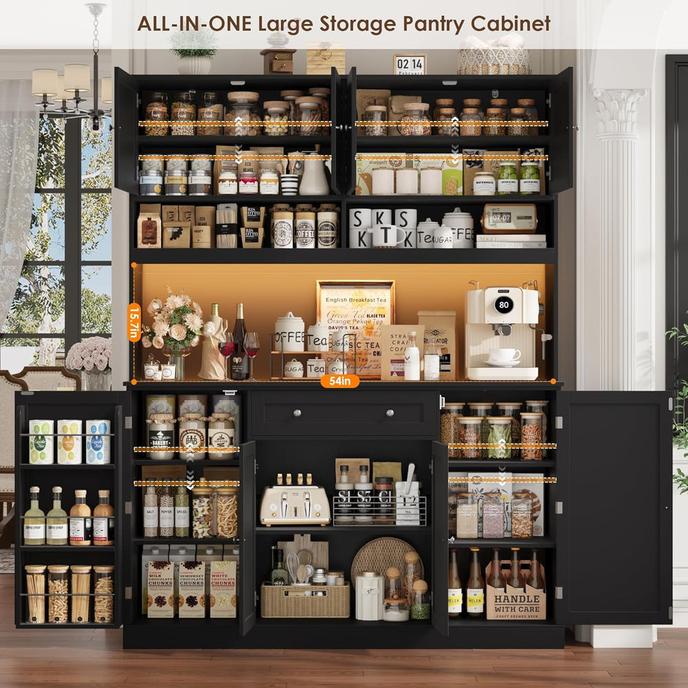HIFIT 72.8” LED Kitchen Pantry Cabinet with Charging Station, 55” Wide Farmho...