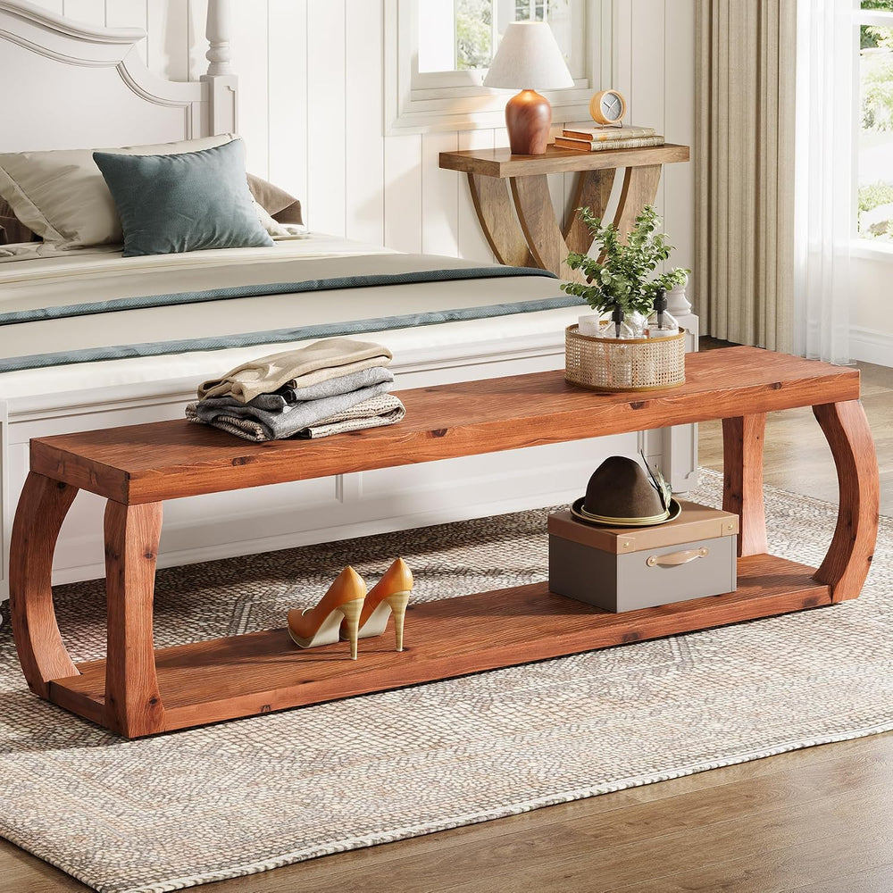 2-Tier Solid Wood Entryway Bench, 59" Long Farmhouse End of Bed Bench wi...