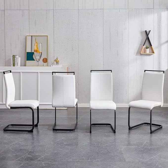 AZmac Modern Leather Dining Chairs Set of 2,Armless Kitchen Chairs,Dining Room Chairs with Upholstered Padded Seat and Sturdy Chrome Legs for Dining Room,Kitchen (Set of 2, White-Black Leg)