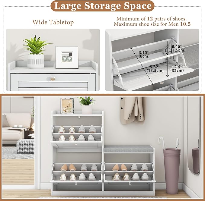 Shoe Bench with 3 Flip Drawers, Entryway Storage Bench with Cushion, Adjustable Shelves, Shoe Cabinet with Storage Space for Entryway, Living Room, Hallway, Mudroom, Bedroom, White