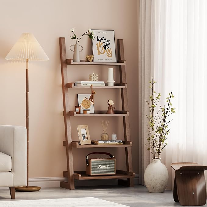 Walnut Wooden Ladder Shelf with Edges, 5-Tier Modern Leaning Bookshelf Ladder – Stylish Space-Saving Bookcase for Living Room, Bedroom & Home Office