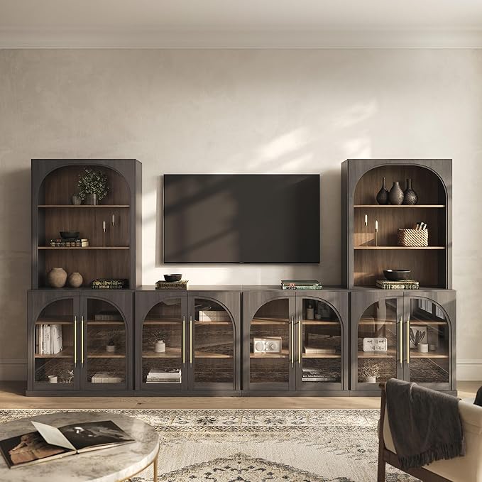BELLEZE 6-Piece Modular TV Stand Set - 4 Arched Glass Door Entertainment Center & 2 Hutch Storage Units, Classic Modern Large Media Console with Adjustable Shelves for Living Room Family Room, Ebony