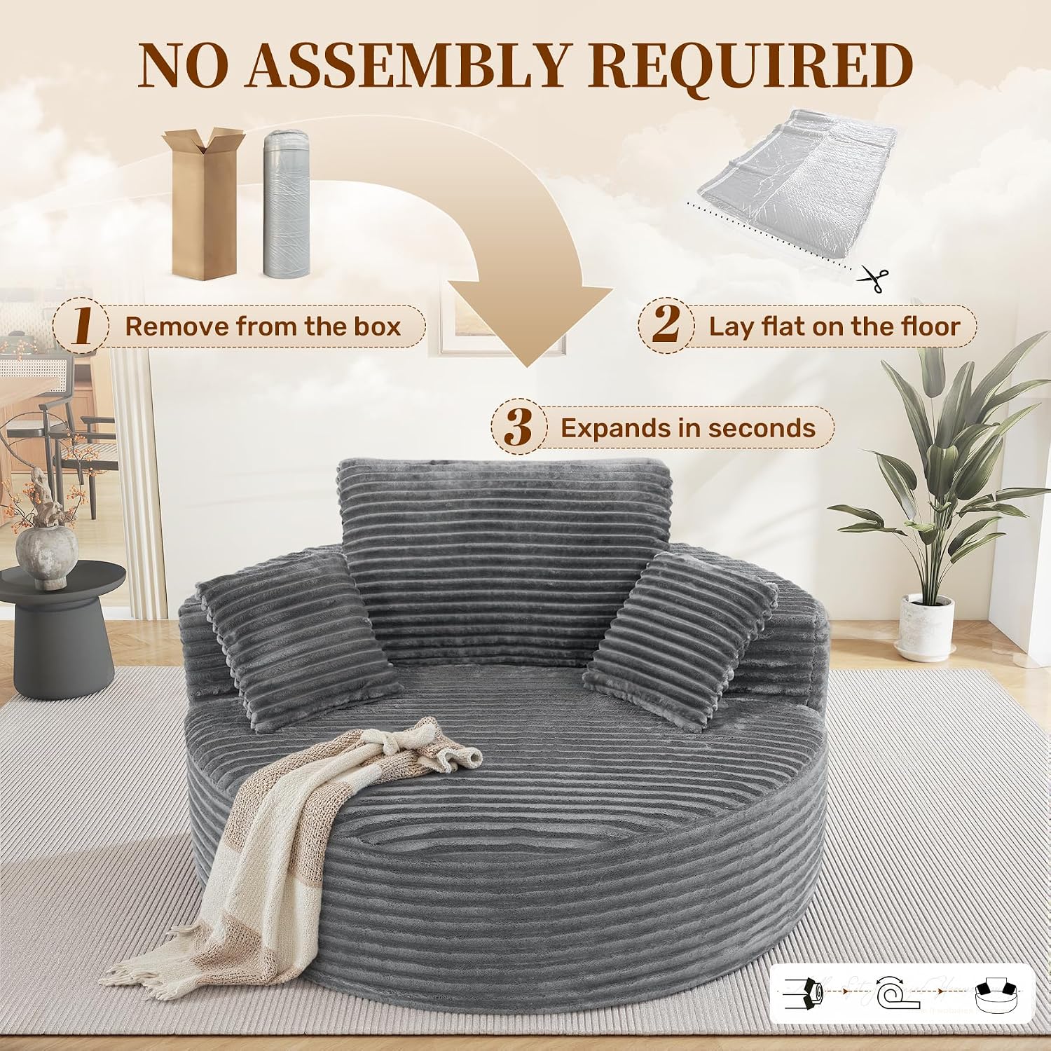 55''W 3.5CM Corduroy Single Foam Sofa, Oversized Round Chair with Pillows, Modern Sleeper for Living Rooms, Lounges, Nurseries and Projection Rooms, Wide-Arm Lounge Chair Armchair, Dark Grey