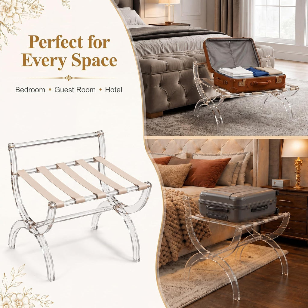 Briwooody Acrylic Luggage Rack for Guest Room, Foldable Suitcase Stand with Back & Leather Straps, Clear Modern Design for Bedroom & Hotel, Heavy Duty Luggage Rack, Holds up to 100 lbs