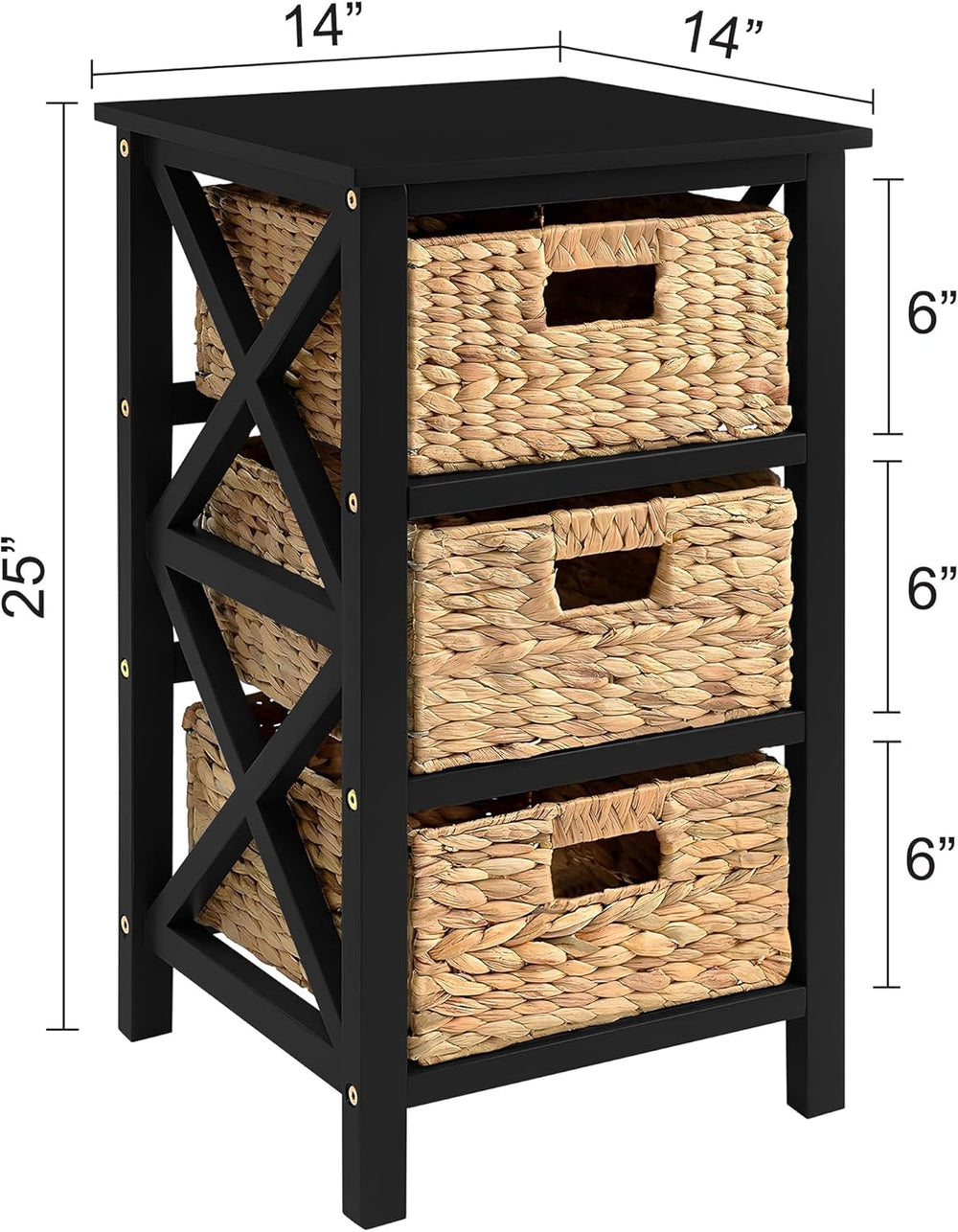 eHemco 3 Tier X-Side End Table with Wicker Baskets for Bedside, Living Room, ...