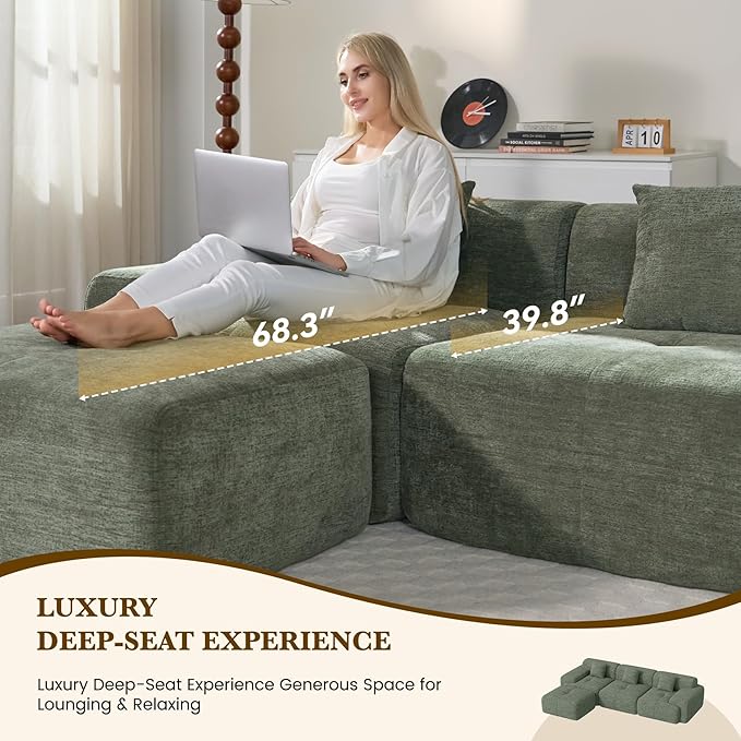 122" L Shaped Convertible Modular Couch, Cloud Couch Sectional with Ottoman, 4-Seater Chenille Boneless Couches for Living Room, Apartment, No Assembly, Green 1PCS