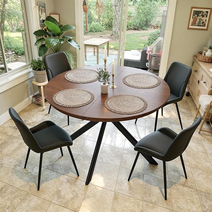 47.2" 5-Piece Round Dining Table Set for 4, Modern Wood Dining Table with 4 Upholstered Chairs, Kitchen & Dining Room Table Set with Metal Base for Apartment, Small Space, Walnut Table+4 Balck Chairs