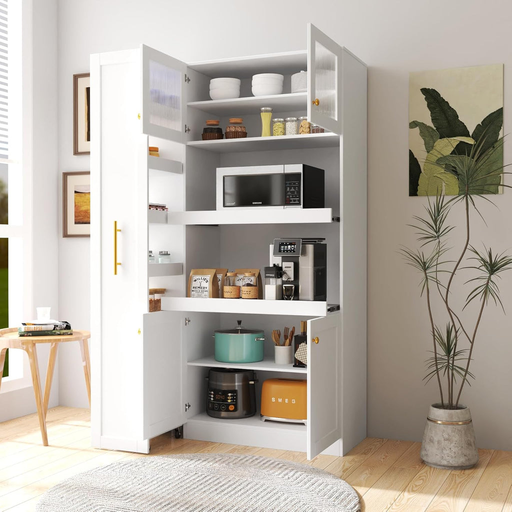 LUMISOL Farmhouse Kitchen Pantry Cabinet with Pull-Out Multi-ttier Storage Shelf, Kitchen Storage Cabinet with 4 Doors, Pantry Organizers for Living Room Dining Room, White