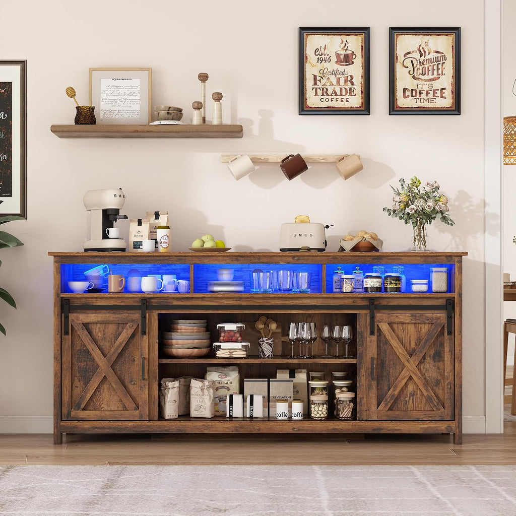 57" LED Farmhouse TV Stand for 65/60/55 Inch TVs,Tall Entertainment Center Storage Cabinets w/Power Outlets and Sliding Barn Door,Rustic TV Stands for Living Room,Media Console Cabinet (Brown)