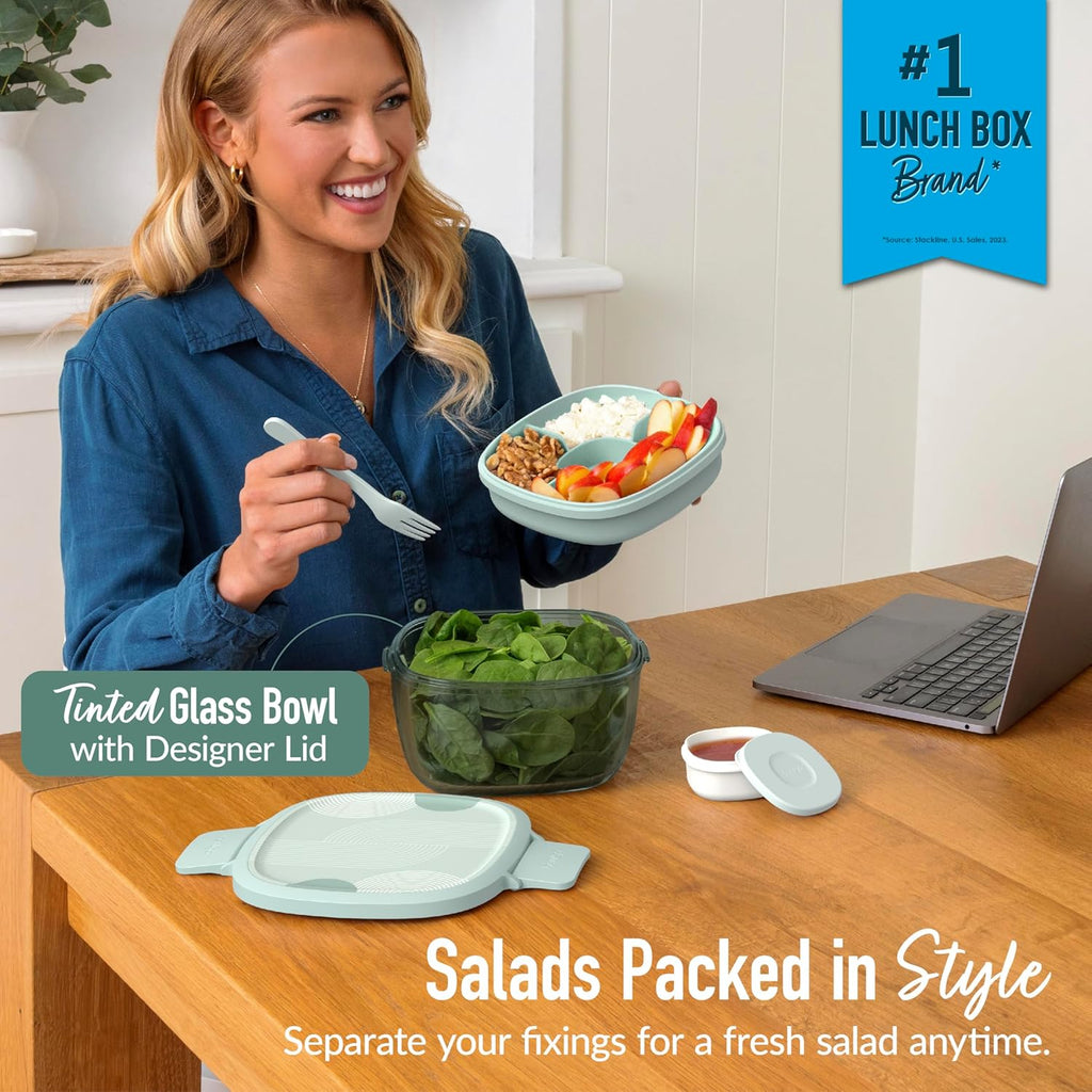 Bentgo Glass Prints All-in-One Salad Container - 61oz Tinted Glass Salad Bowl with Lid, Bento-Style Tray, Sauce Container, & Reusable Fork - Dishwasher & Microwave Safe (Mod Curve - Serene Green)