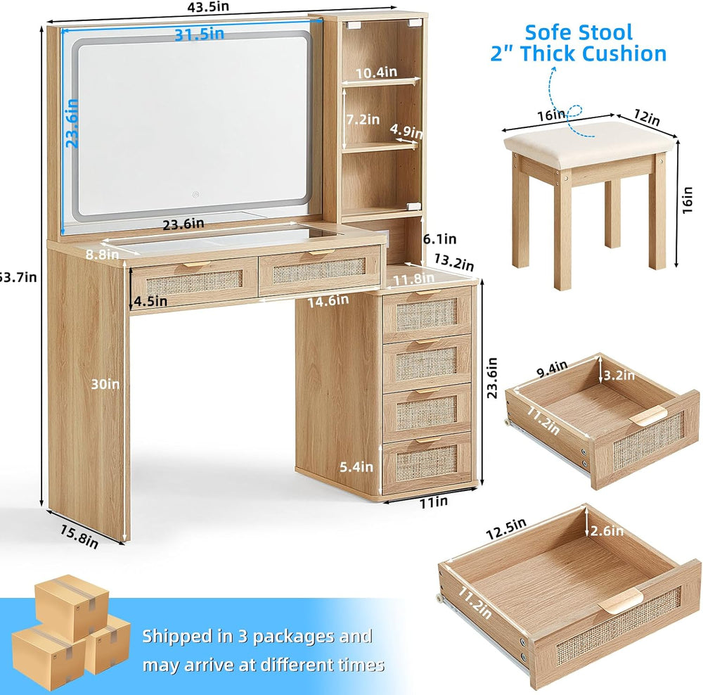 LEYAOYAO Rattan Makeup Vanity Desk with Stool, Mirror and Lights | Power Outl...