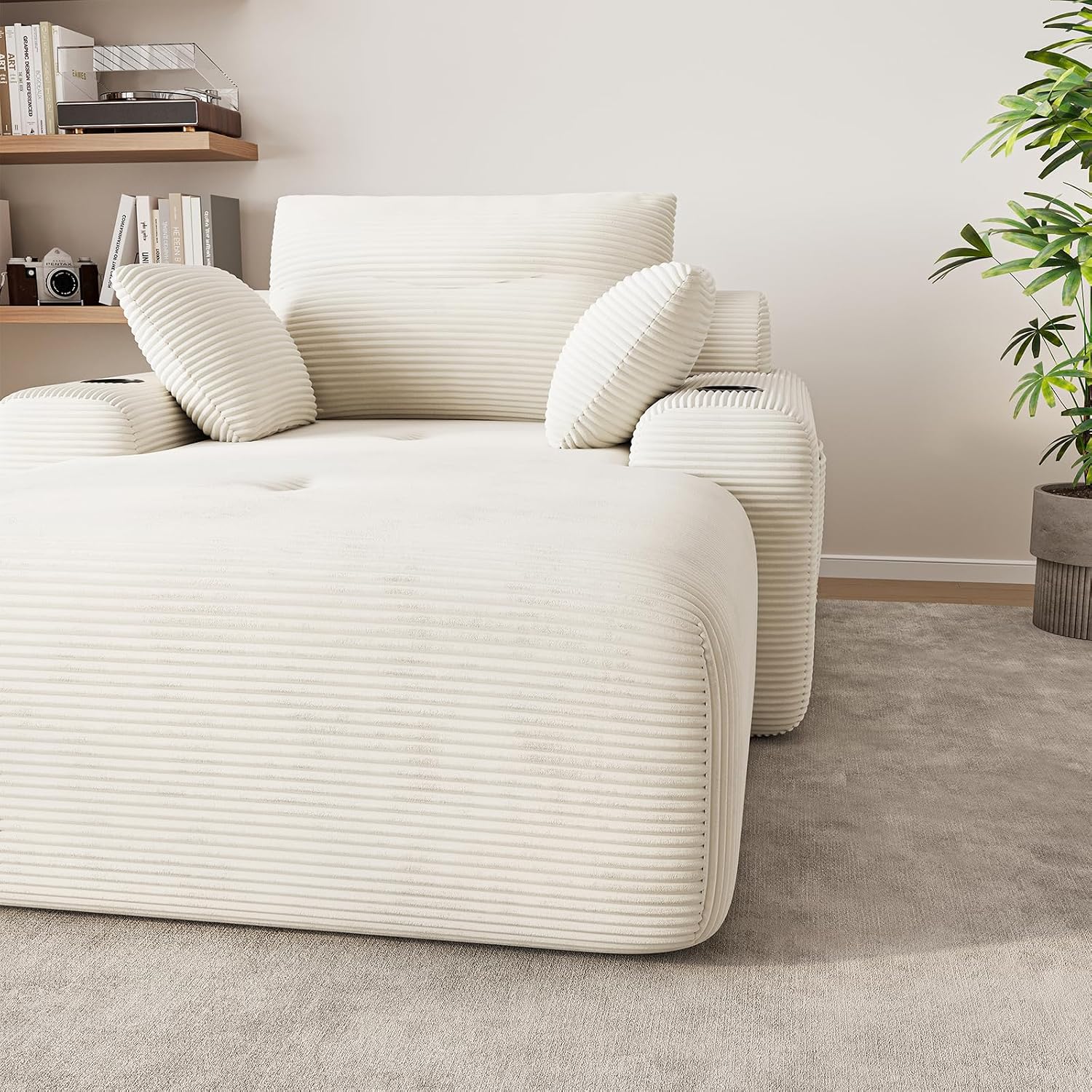 69” Oversized Chaise Lounge Chair Indoor, Modern Boneless Chaise Lounge Reading Chairs with 4 Side Pockets and 2 Cup Holders, Comfy Corduroy Sleeper Sofa Bed for Living Room Bedroom, Warm White